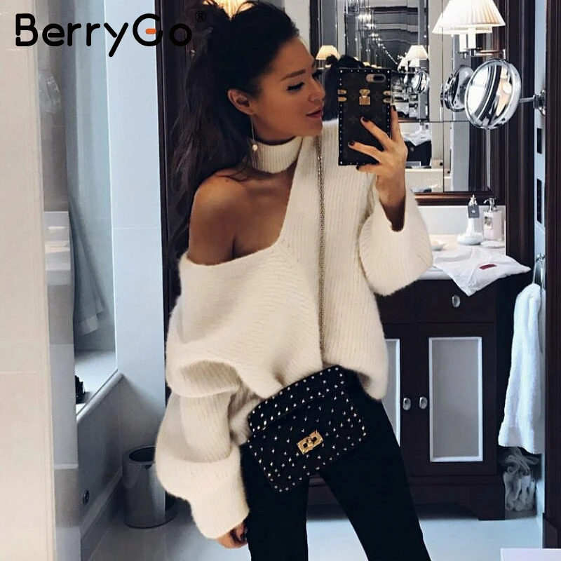 BerryGo Женский вязаный свитер с высоким горлом открытыми плечами синий сексуальный