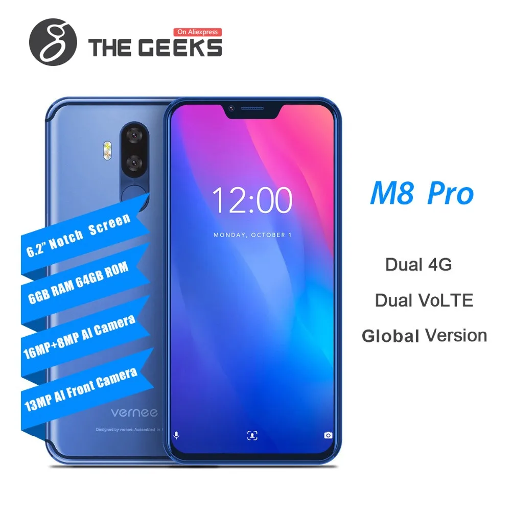 Vernee M8 Pro 6 2 ''notch Экран смартфон ГБ 64 Android 8 1 Octa core телефон 4100 мАч двойная камера AI