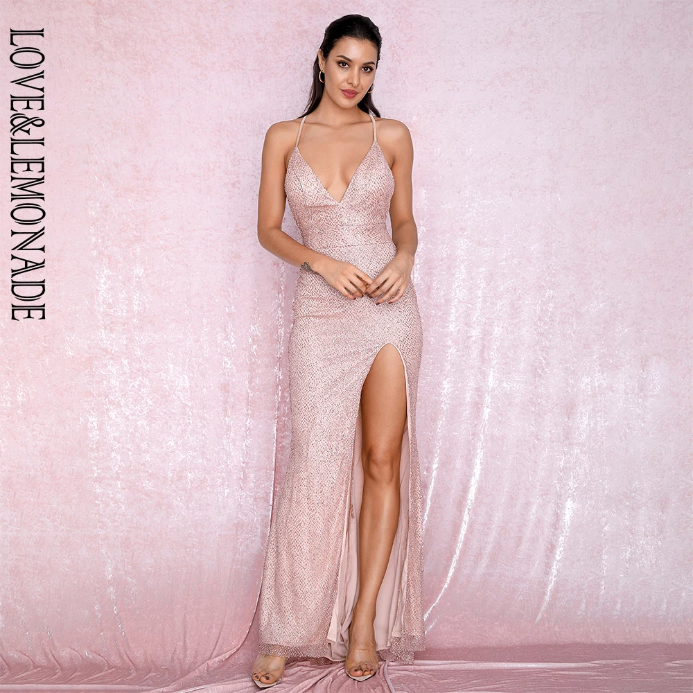 LOVE& LEMONADE, сексуальное платье с глубоким v-образным вырезом, розовое золото, открытая спина, с наклеенными блестками, материал, облегающее Макси платье с разрезом, LM81873, розовое золото