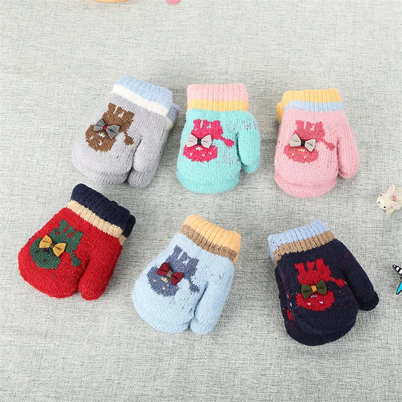 Cute Infant Baby Gloves Thicken Hot Girls Boys Of Winter Warm Rope Full Finger Cartoon Soft Knitting kid Mittens | Детская одежда и