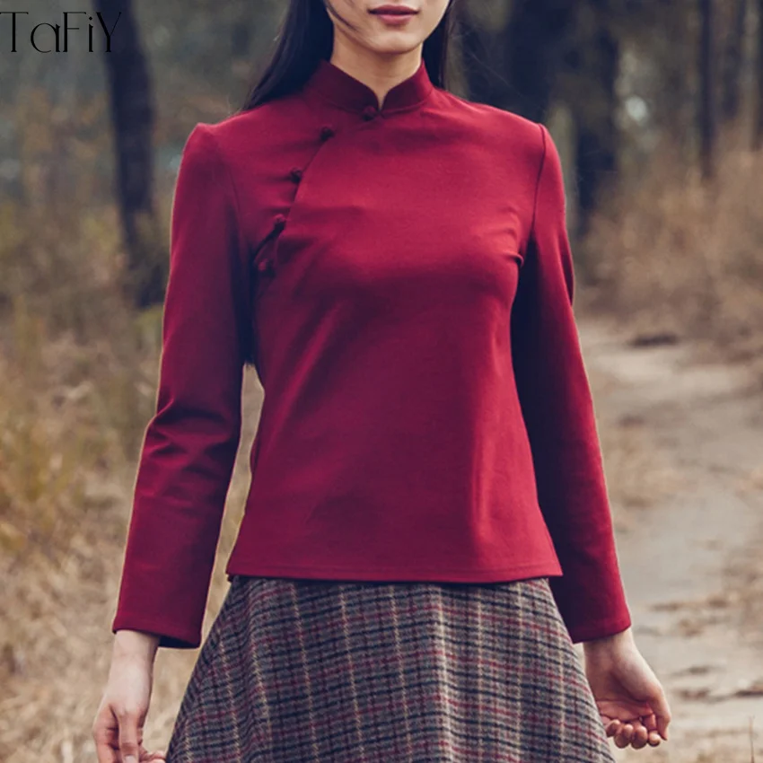 TaFiY женские топы 2017 Vestidos винтажная рубашка ручной работы с пуговицами длинным