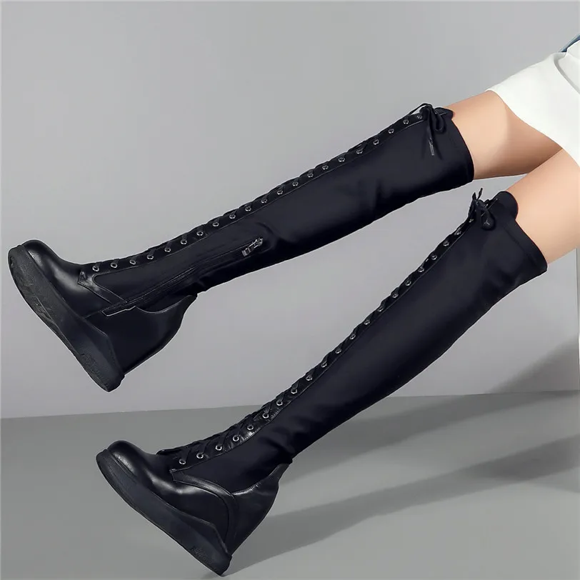Thigh High Boots Women Genuine Leather Lace Up Knee High Booties Wedges High Heel Tall Shaft Punk Sneakers Winter Punk Creepers