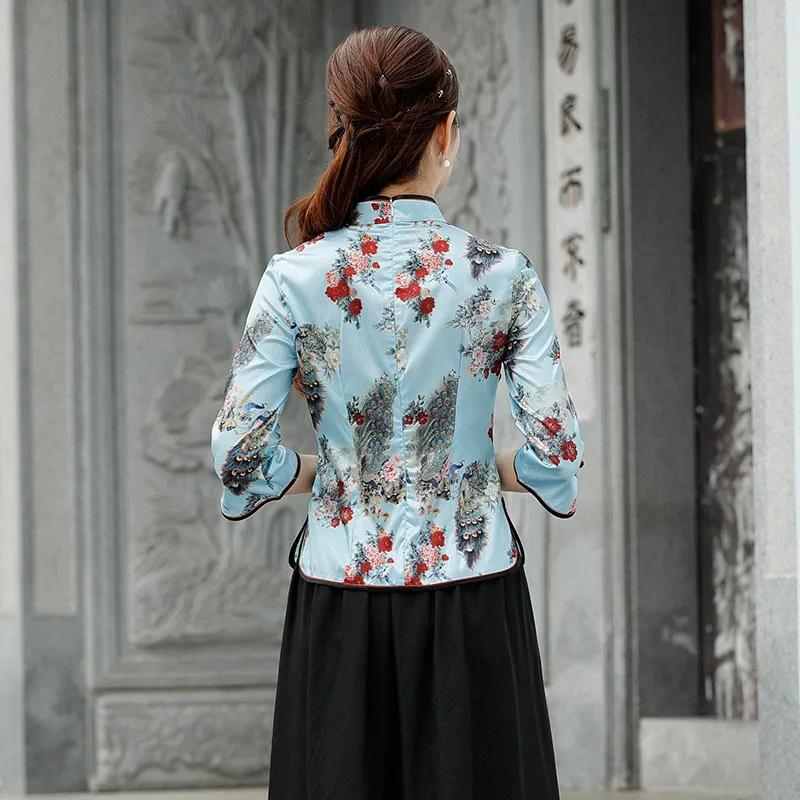 Весенняя и Летняя шелковая блуза Cheongsam, улучшенный винтажный традиционный костюм Tang, топы, женская Китайская одежда