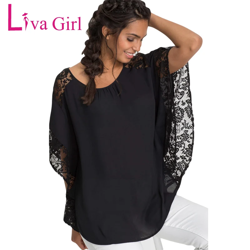 Свободные летние топы LIVA GIRL для женщин 2020 модная шифоновая кружевная блузка с рукавами летучая мышь черные