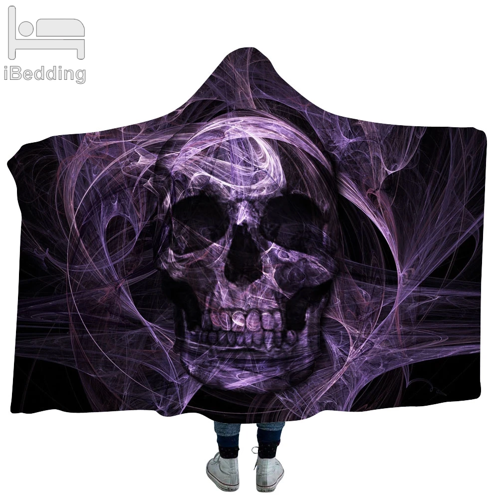 Темно-фиолетовый Хэллоуин Череп 3D печатных плюшевые с капюшоном одеяло для