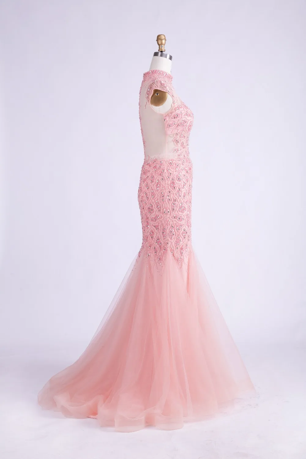Finove 2020 New Design Fashion High Neck Pink Tulle Mermaid See Through Back Beading Evening Dresses Long Formal Party | Свадьбы и