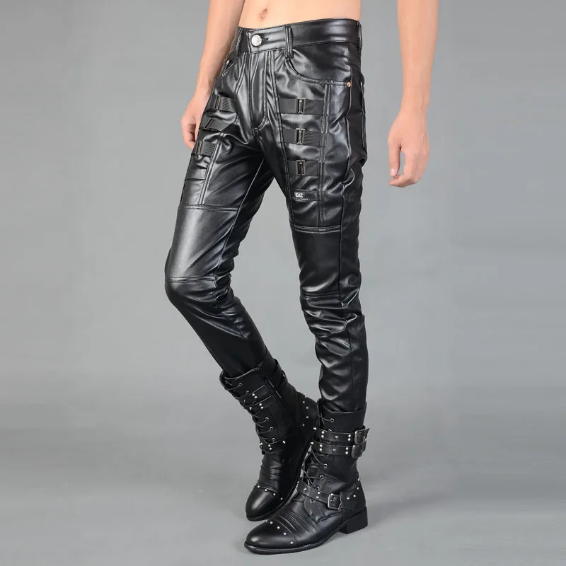 Black motorcycle all-match faux leather pants men casual feet trousers straight pu for mens clothing dance fashion 2020 | Мужская одежда