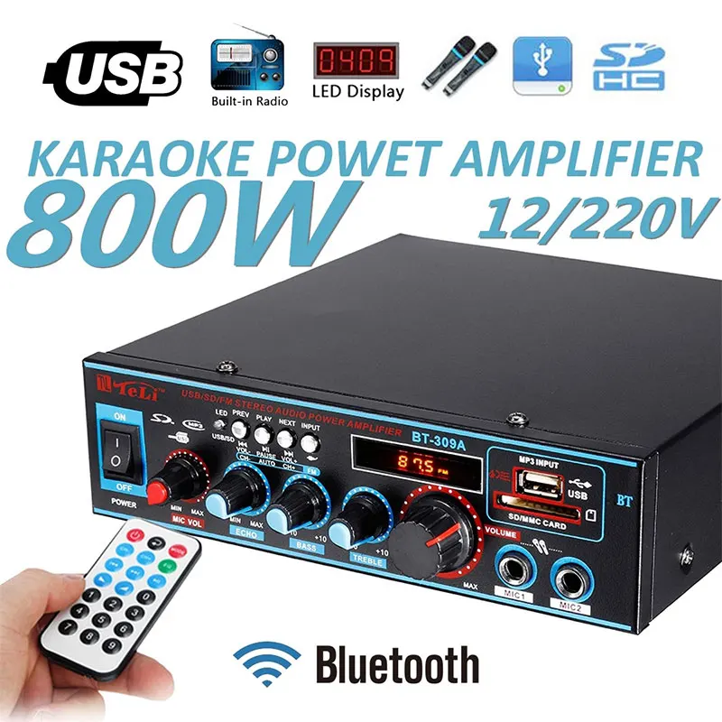 Цифровой усилитель мощности 2 канала 800 Вт Hi Fi Bluetooth аудио Встроенный ЖК дисплей с