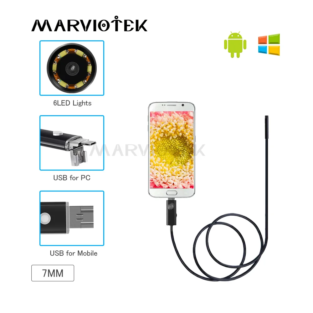 Водонепроницаемый эндоскоп 2 в 1 USB Android 6 светодиодный Бороскоп Инспекционная