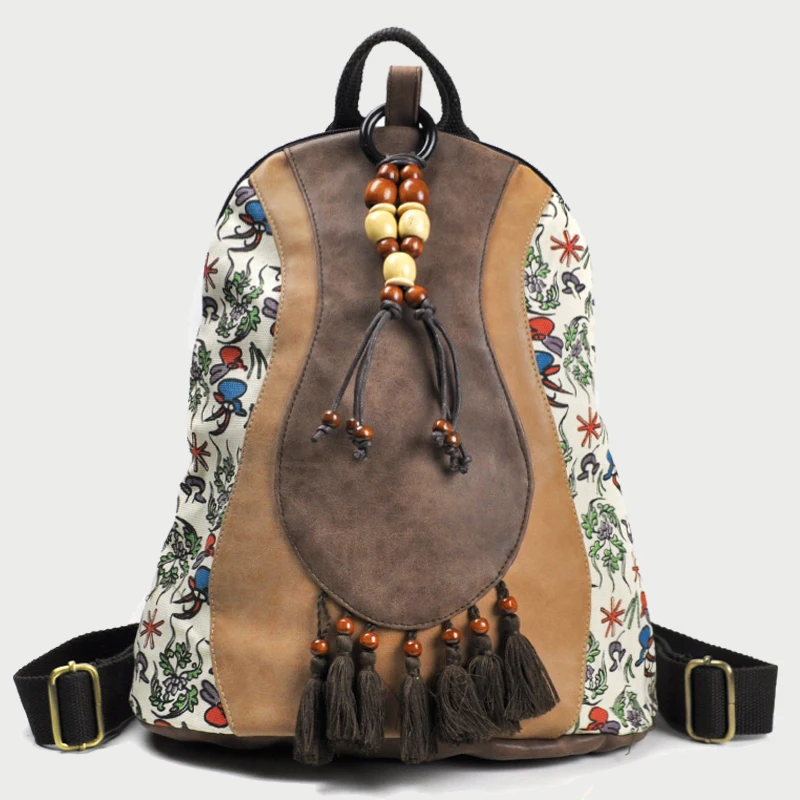 

New Brand Women Luxury Flower Printing Backpack Small High Quality Pu Leather Patchwork Tassel Flower School Bags For Teenagers