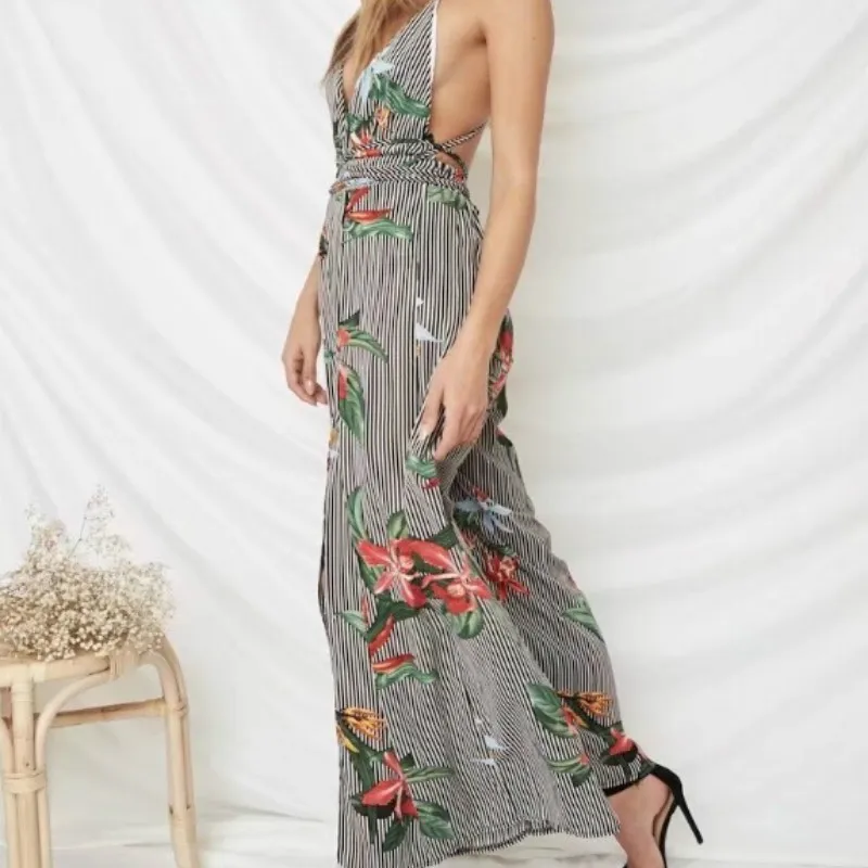 Fashion Women Stripe Floral Print Romper Strap V-Neck Sexy Overalls Backless Summer Wide Leg Jumpsuits | Женская одежда