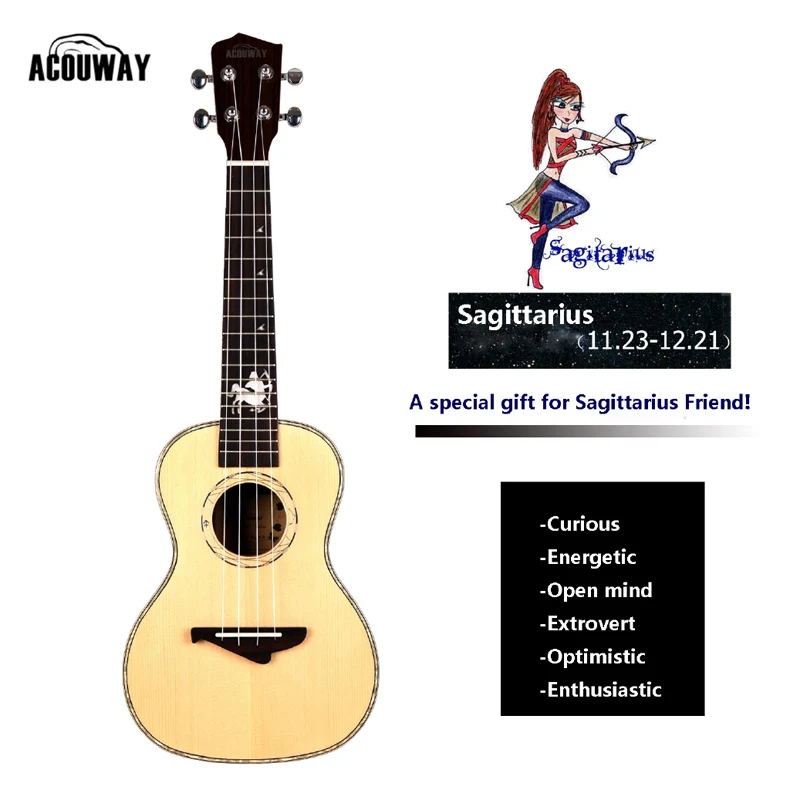 Sagittarius Acouway твердая ель Топ укулеле ukelele концертный тенор 23 26 укулеле глянцевая отделка 12 подарок зодиака подарок модель с бесплатной сумкой - Цвет: Sagittarius