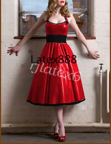 

Pure Latex Rubber Sexy Fashion Red and Black Elegant Evening Dress Size XXS~XXL