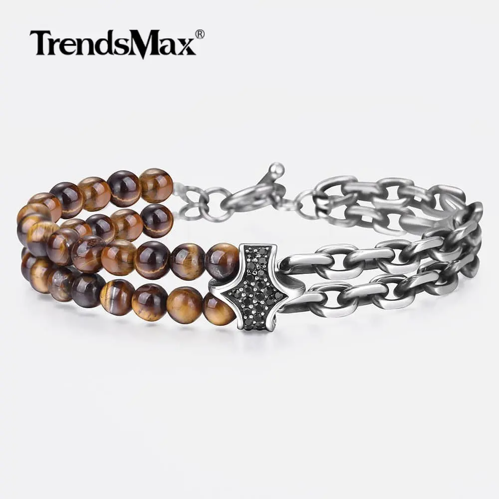 Натуральный камень тигровый глаз браслет из бисера для мужчин двойная цепь