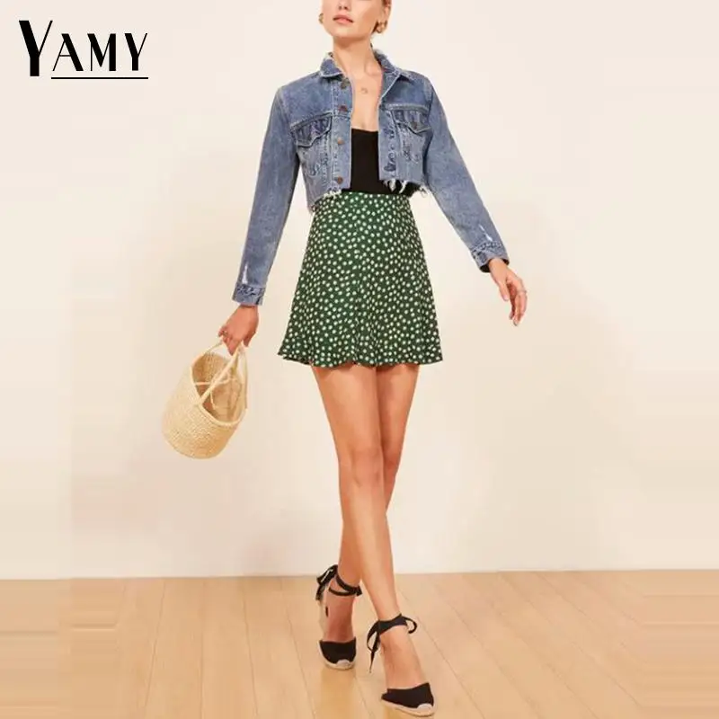 Женская юбка с оборками винтажная мини А силуэта цветочным принтом высокой