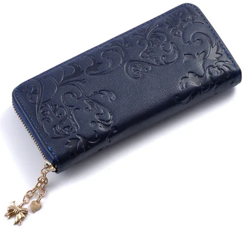 blue Модные женские кошельки, Длинный кошелек из натуральной кожи с Цветочным Тиснением, Женский кошелек на молнии, зажим для денег, кошелек для девушек, кошелек для карт, задний кошелек из воловьей кожи - Цвет: blue