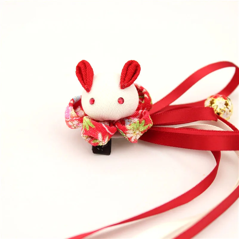 Заколки для волос Kanzashi цветы красный кролик девочек кимоно Maru-tsumami юката головной