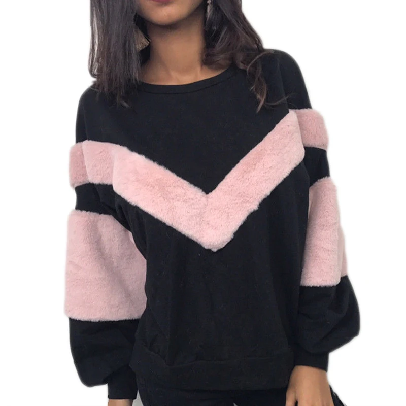 

New Womens ladies Plush Long Sleeve sweatshirts fashion autumn casual patchwork loose Pullover sweatshirts Tops