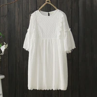 free shipping high quality 2018 new fashion lace cotton embroidry dresses summer short sleeve white dress loose japan style