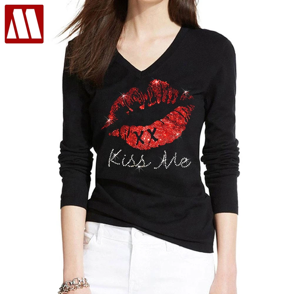 Женская хлопковая футболка с длинным рукавом надписью Kiss Me Lips|Футболки| |