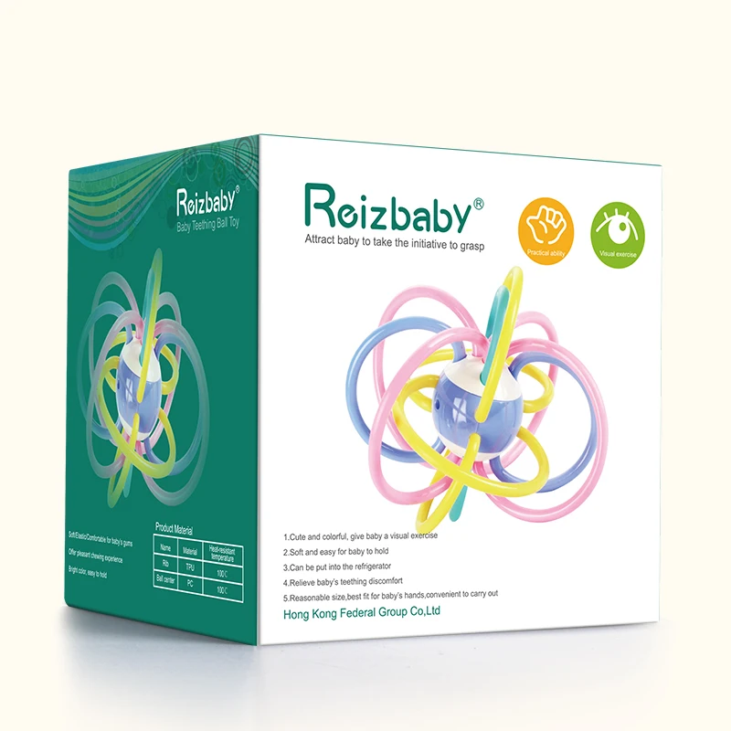 REIZBABY High Quality Baby Teething Toys TPU PC Rainbow Kid Boys Girls Toy Rattles Ring Infant Toddler Teethers Ball Pacifier | Мать и