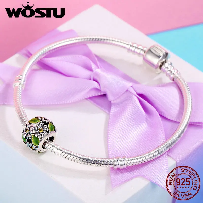 WOSTU, Новое поступление, 925 пробы, Серебряный цветок маргаритки, листья, шарм, бусины, подходит для браслета, сделай сам, изготовление ювелирных изделий, FIC490