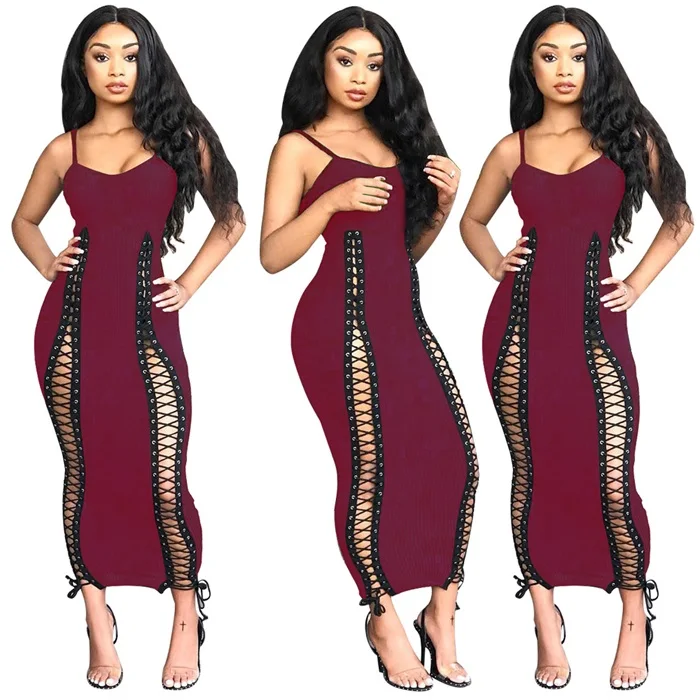 Сексуальная bodycon вечерние Женское платье без рукавов с низким вырезом на спине платье-футляр Черная рифленная открытое Летнее Длинное платье vestidos robe femme - Цвет: Бургундия