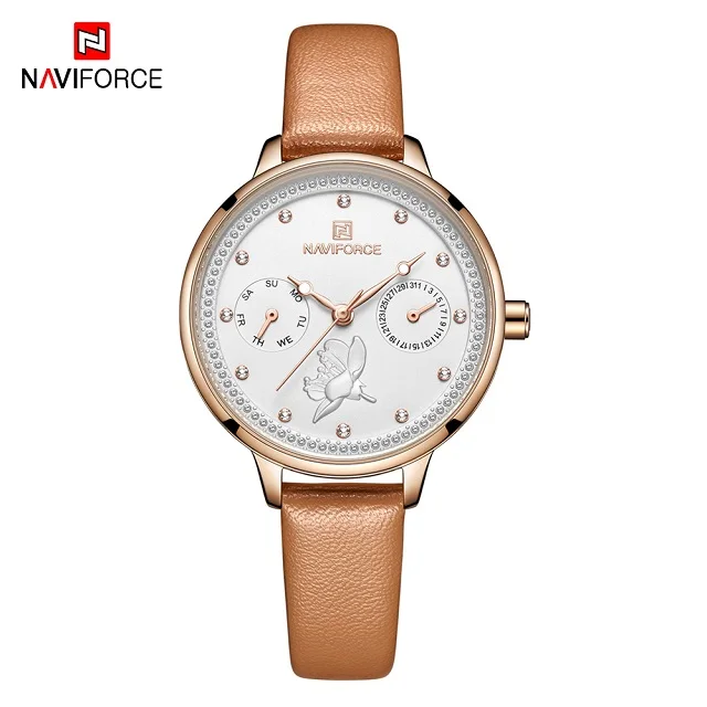 Brown Новые женские наручные часы naviforce Роскошные брендовые Модные женские спортивные кварцевые часы платье повседневные водонепроницаемые наручные часы женские часы - Цвет: Brown