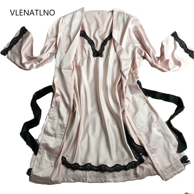 2016 женский сексуальный халат Шелковый кружевной пижамный комплект с ночной