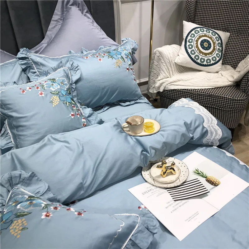 Little Daisy embroidery Bedding Sets girls Beddingset egyptian cotton Bed Linen Duvet Cover Bed Sheet Pillowcase/bed Sets 4/7pcs