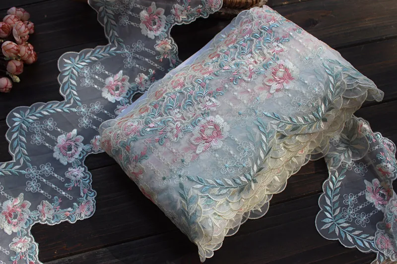 18 см 7,0"-2 ярдов/партия DIY ремесло Вышитый цветочный тюль кружевной отделкой в слоновой кости+ розовый+ светильник зеленый~ кружева сад