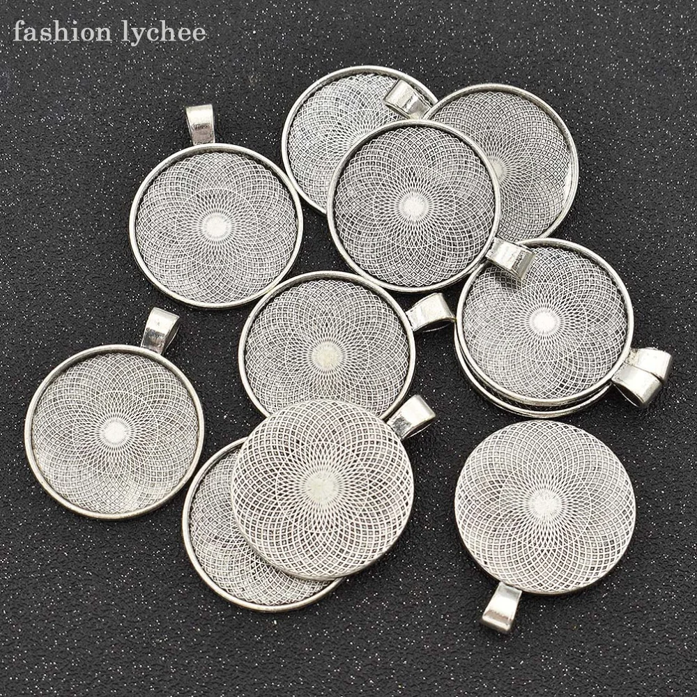 

fashion lychee 10pcs Silver Color High Quality Round Charms Tray For Women Men Jewelry Making DIY Pendant Necklace