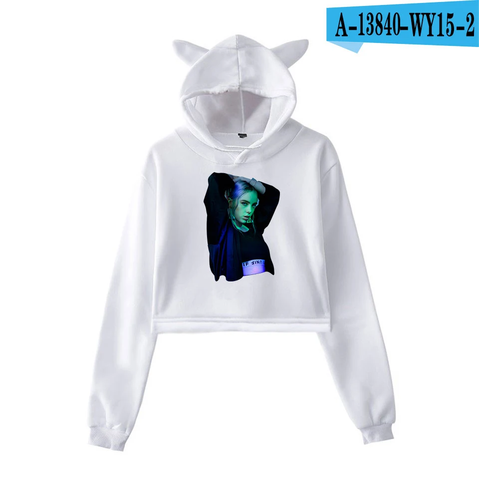 Billie Eilish Толстовка Harajuku милый кот Негабаритных Толстовки Кофты Розовый женский хит-хоп толстовка летняя укороченная верхняя одежда - Цвет: Бургундия