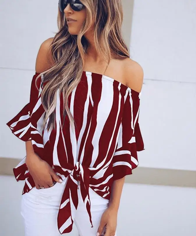 S-XL women casual leisure chiffon tops lady floral print striped tops sprint autumn short slash neck tops