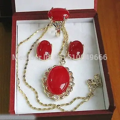 

Hot sale FREE SHIPLatest ! Fashion jewelry red jade pendants, earrings , rings 7-9 # Set