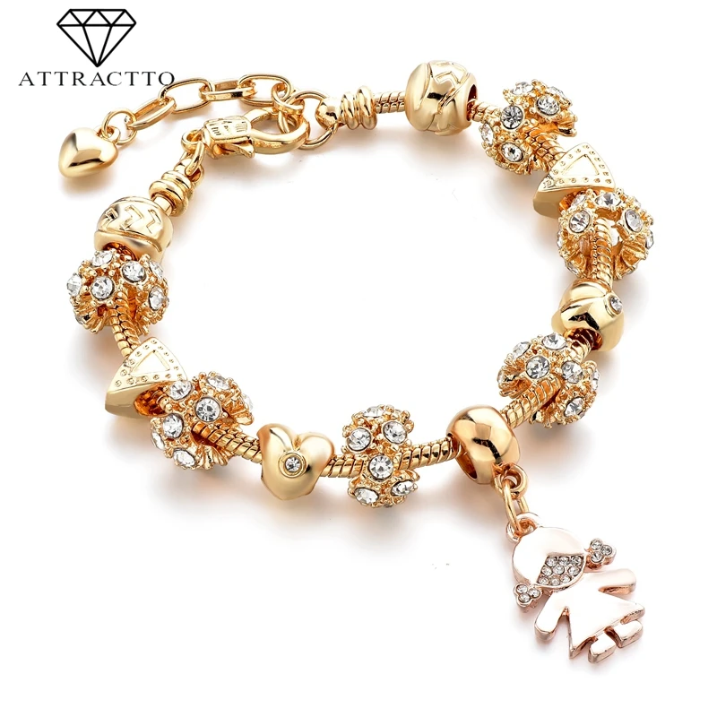 

ATTRACTTO Gold Heart&Girl Pattern Bracelets For Women Crystal Bead Bracelet Charms Jewelry Flower Friendship Bracelet SBR190151