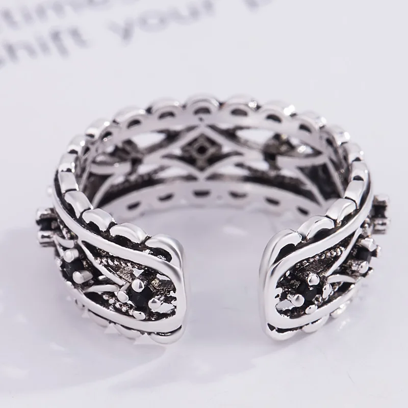 

DIEERLAN Bohemia Retro S925 Sterling Silver Hollow Rings for Women Fashion Black Cubic Zirconia Ring Christmas Gifts Anillos