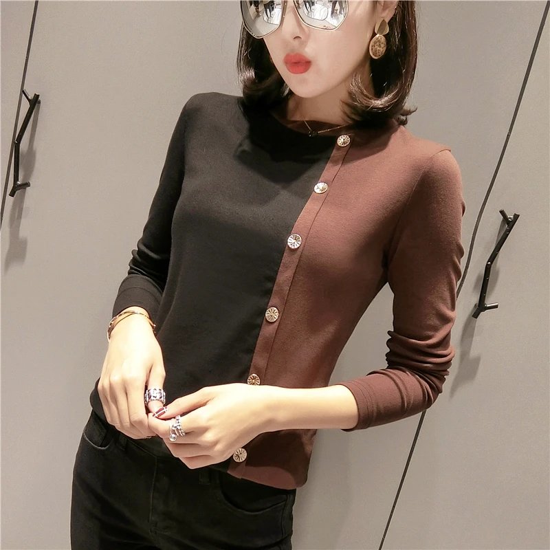 Европейская футболка с пуговицами в стиле пэчворк весна-лето 2019 топ длинными