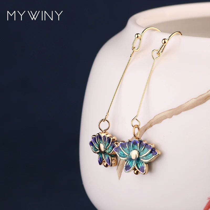 MYWINY новые модные ювелирные изделия перегородчатая цветок лотоса серьги для женщин, китайский ветер эмаль длинный крючок серьги красный