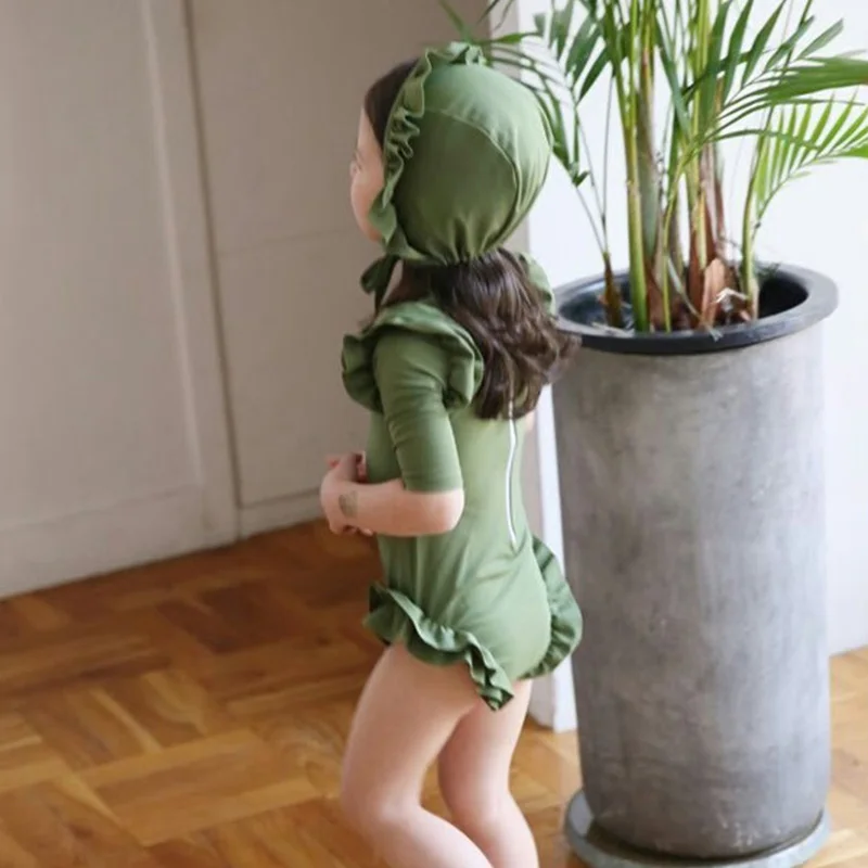 Цельный милый пляжный спортивный Одноцветный купальный костюм для девочек