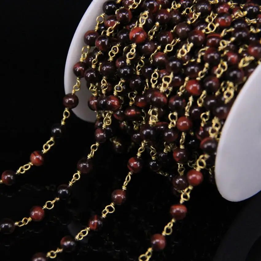 5 метров 6 мм Гладкая круглая цепочка из бисера с красным тигровым глазом|bead chain|brass