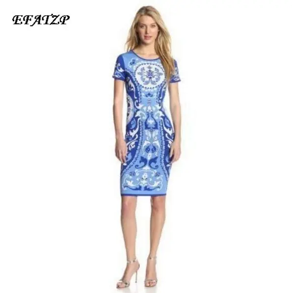 Новинка 2015 дизайнерский роскошный бренд женское платье с коротким рукавом синее