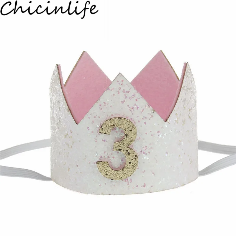White 3 Chicinlife 1 шт. 1st 2nd 3rd лет Корона повязка на голову день рождения шляпа мальчик девочка 1st день рождения ребенка душ украшения принадлежности - Цвет: White 3