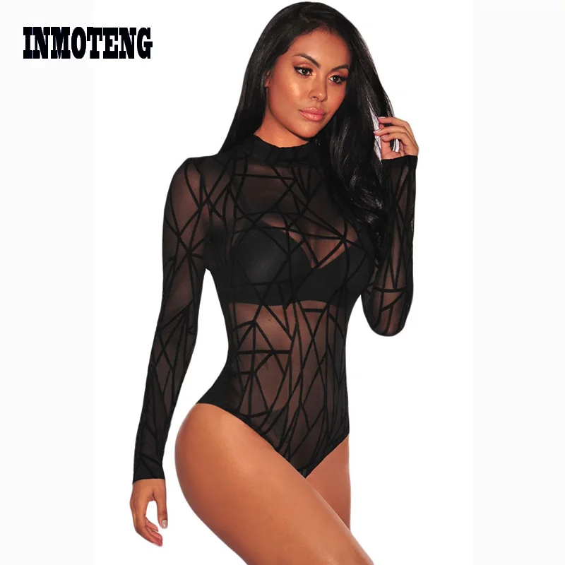 

Woman Bodysuit Long Sleeve Mesh Geometric Velvet Rompers Ladies Lace Bodysuit Top Macacao Body Feminino Jumpsuit Rompers