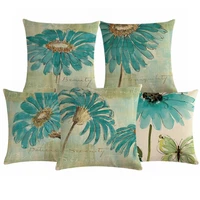blue carnation pattern cotton linen cushion cover vintage style pillowcase waist throw pillows cover home decor