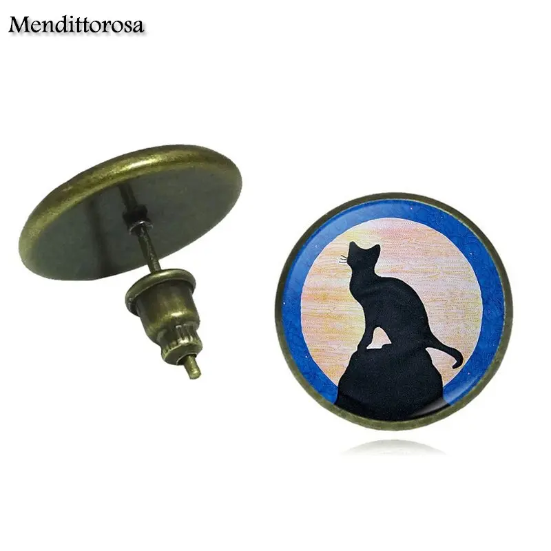 Mendittorosa Blue Moon and cat Brand Jewelry Bronze/Silver/Golden Clip Ear Hook Stud Earrings Glass Dome For Child | Украшения и