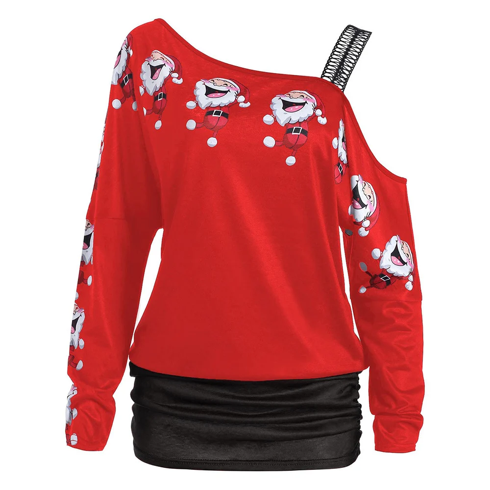 Wipalo Hotsale Cold Shoulder Santa Claus Laugh Print T-Shirt Harajuku Women Merry Christmas Camiseta Mujer From S-2XL | Женская одежда