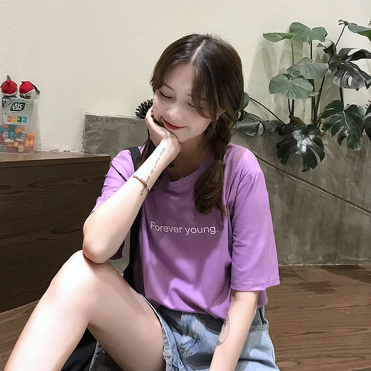 Jielur футболка Женская Harajuku Свободная Повседневная футболка с надписью Forever Young летняя хипстерская Корейская уличная Базовая футболка фиолетовая Синяя