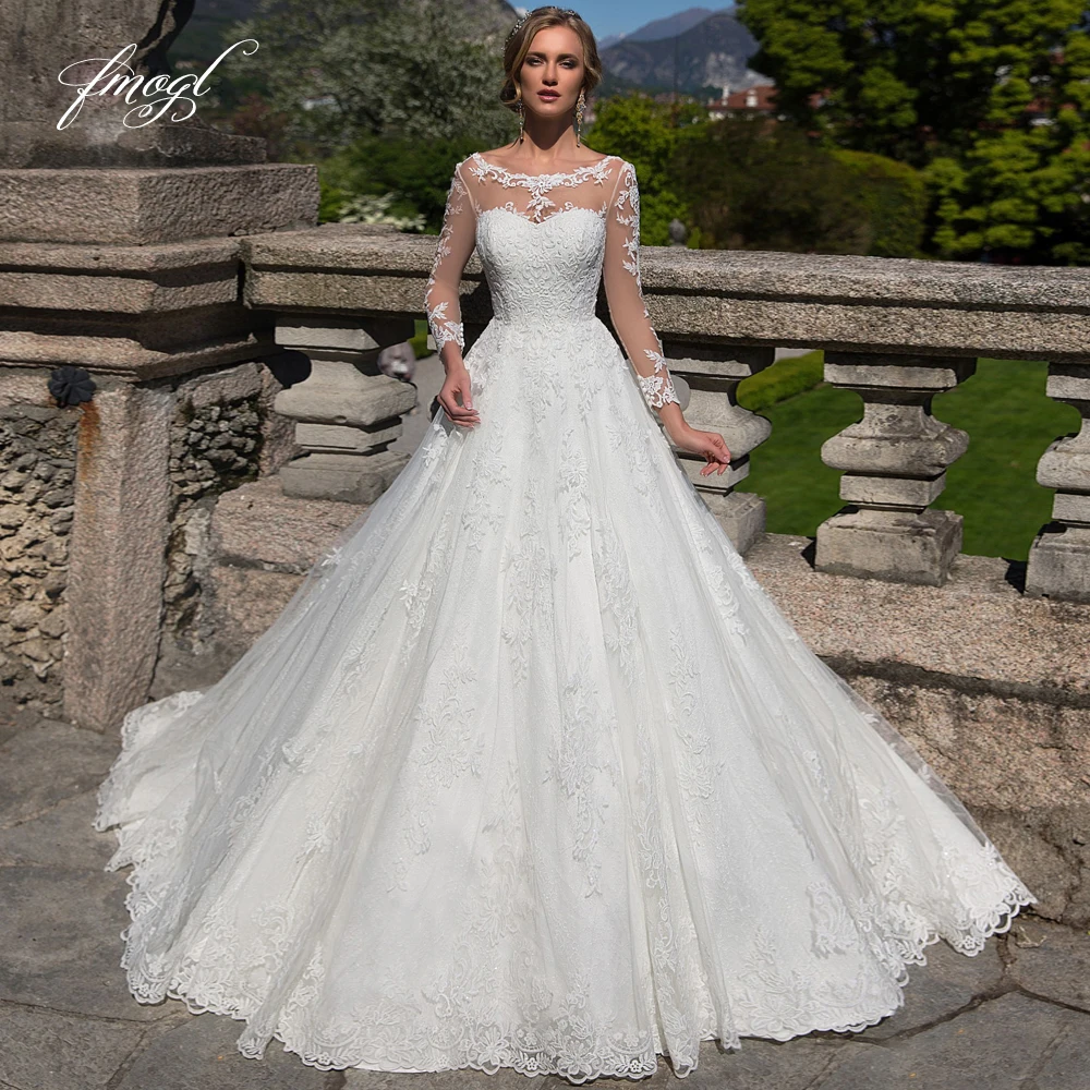 

Fmogl Vestido De Noiva Long Sleeve Lace Wedding Dresses 2019 Elegant Illusion Applique Scoop Neck Court Train Bride Gown