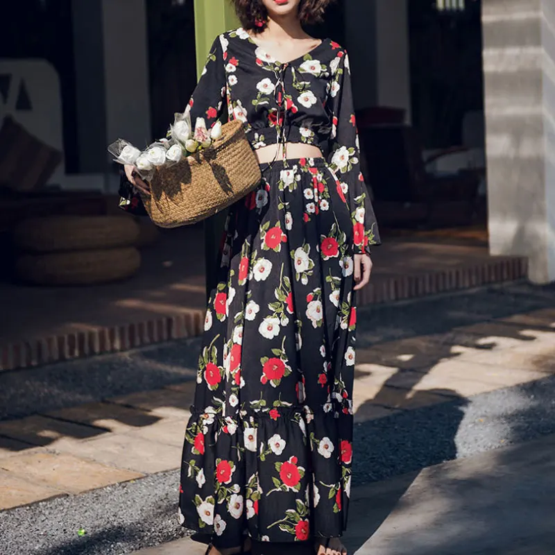 HEE GRAND/2018 женские комплекты с юбкой принтом Топ + юбка винтажное платье v образным